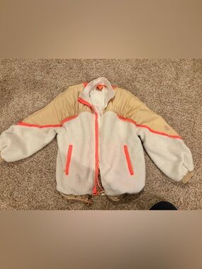 Free People Movement Beige and White Sherpa Puffer Jacket with Neon Coral Trim